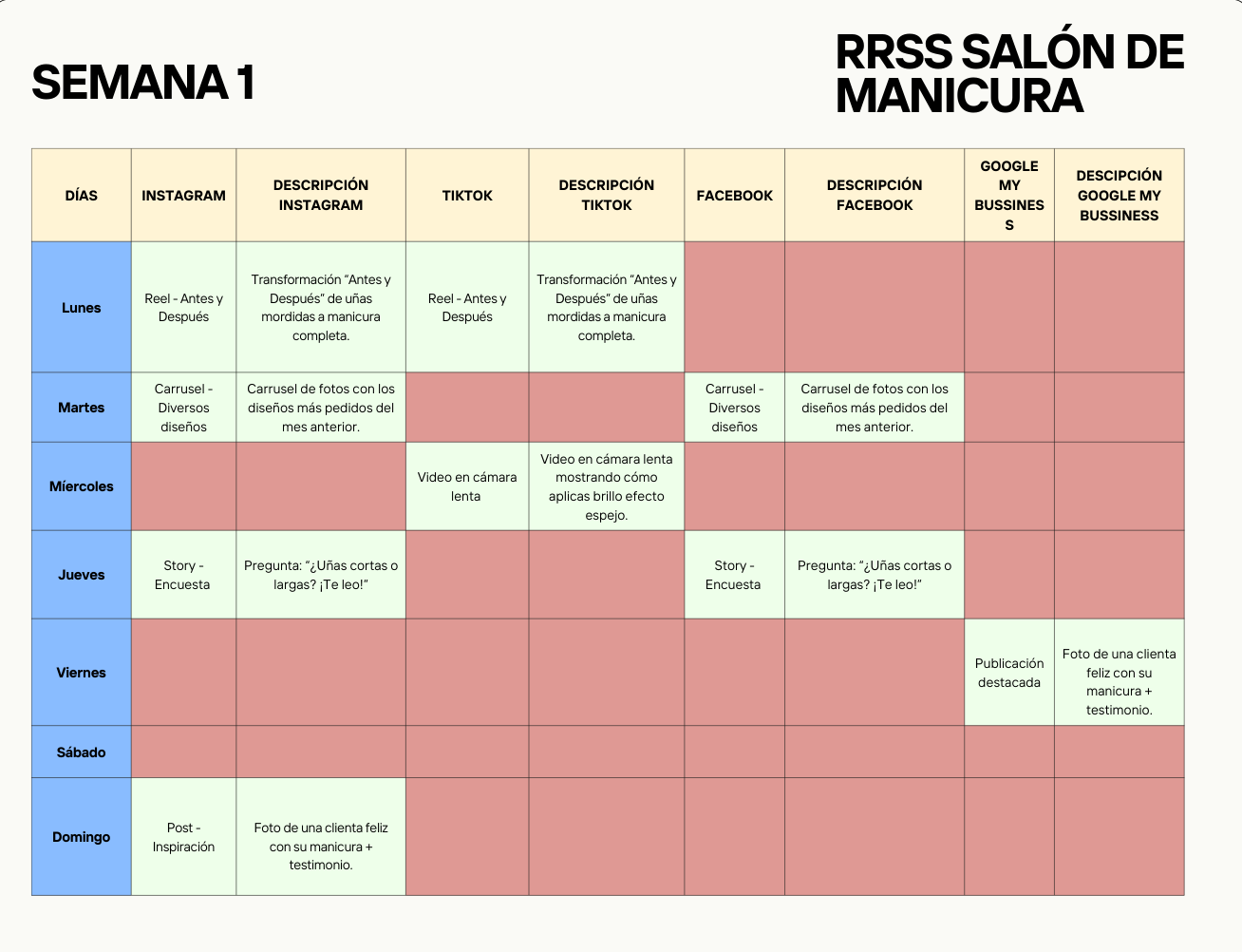Calendario de contenidos para redes sociales de salones de manicura