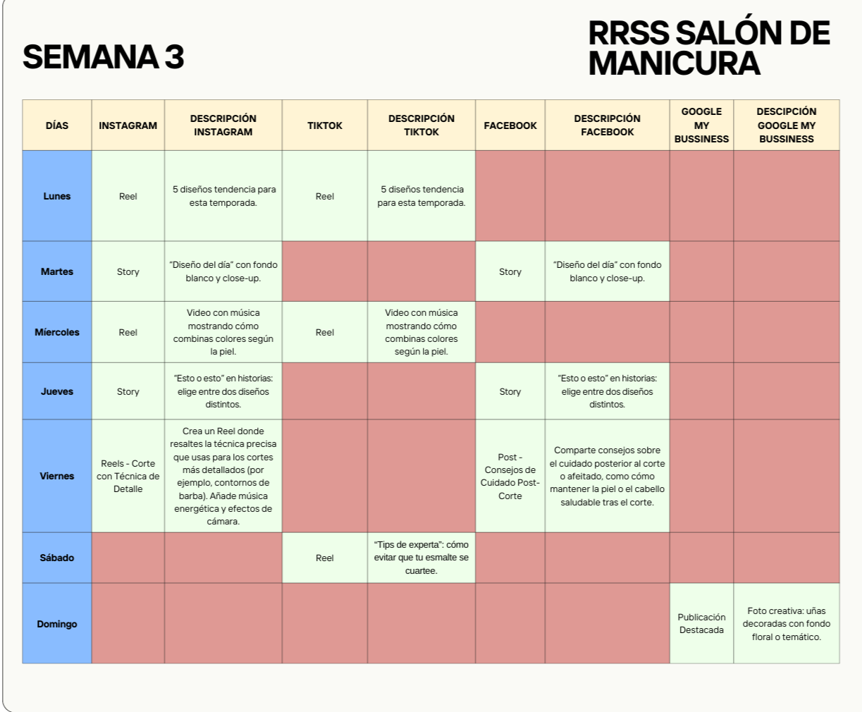 Calendario de contenidos para redes sociales de salones de manicura