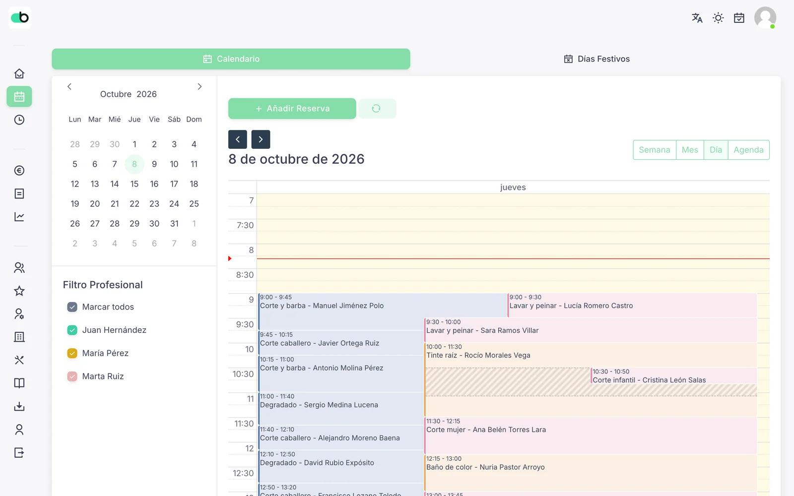 Agenda del centro en el panel web de buktiem, con las citas de todo el equipo