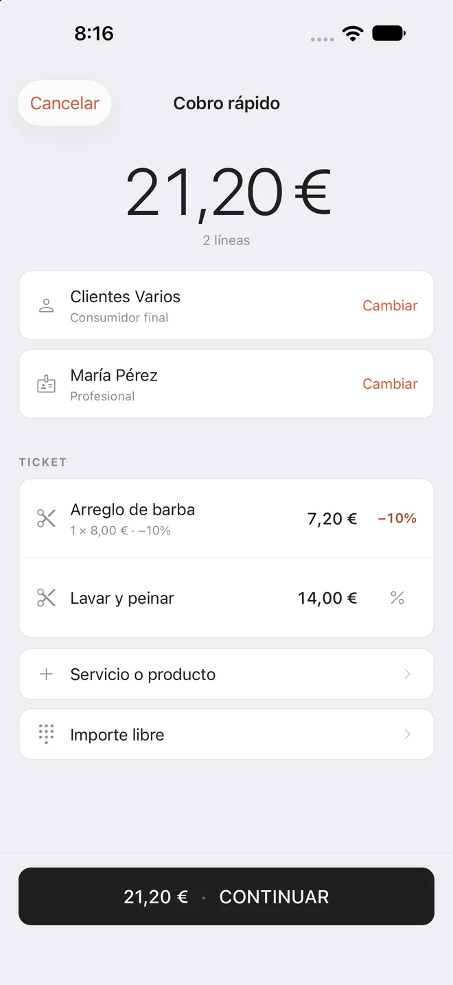 Cobro rápido de una venta sin cita en la app buktiem Pro