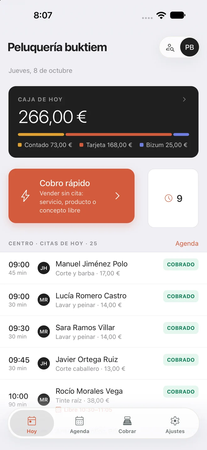 Caja de hoy en la app buktiem Pro, separada en efectivo, tarjeta y Bizum